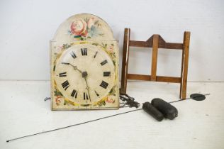 Antique grandfather clock movement with wooden dial (with painted rose decoration & Roman numerals),