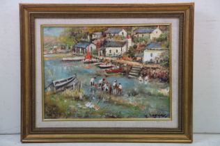 Ira Englefield (b.1912), oil on canvas a peaceful fishing village scene with boats and family