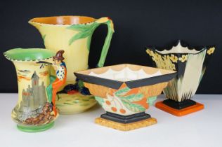 Group of four Art Deco jugs & vases to include a Myott Son & Co lozenge-shaped vase (with flower
