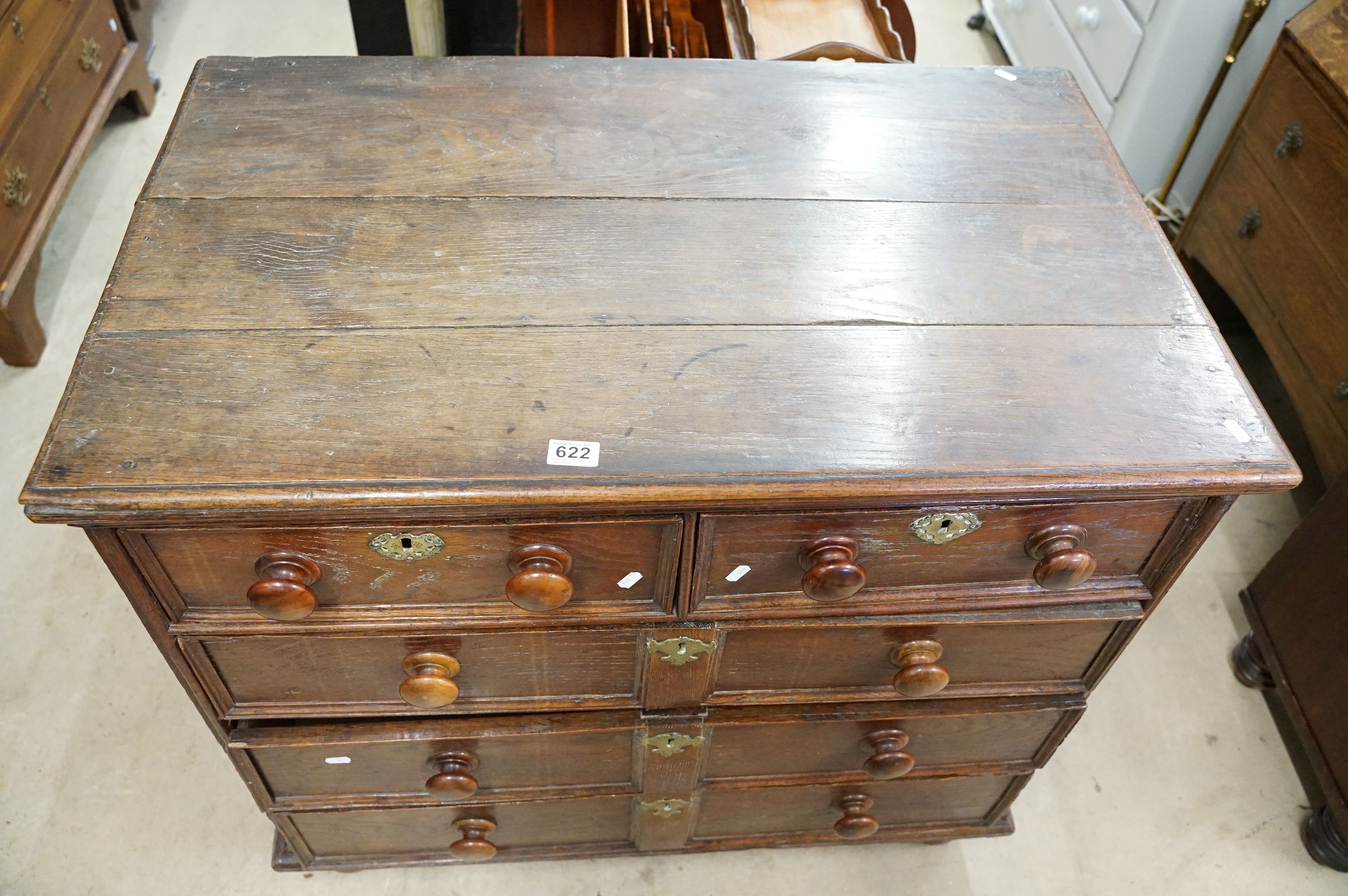 18th century Oak Chest of two short over three long drawers with moulded fronts raised on bun - Image 2 of 8