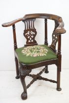 Asian Rosewood Corner Chair in the the George III manner with pierced carved splats and needlework