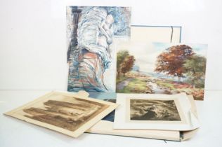 Portfolio containing a large quantity of watercolour prints