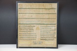 Early 19th century sampler, with alphabet and poetic verses, named & date 'Sarah L Mallett -