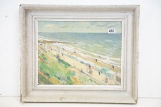 Robert Duckworth Greenham (1906-1976) - Oil on board beach scene with huts, signed to lower right,