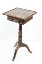 18th century and later Lamp Table, the square oak top with drawer, raised on a pedestal support with