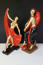 Two plaster / composition gilt painted figures of semi-clothed Art Deco dancing ladies, tallest