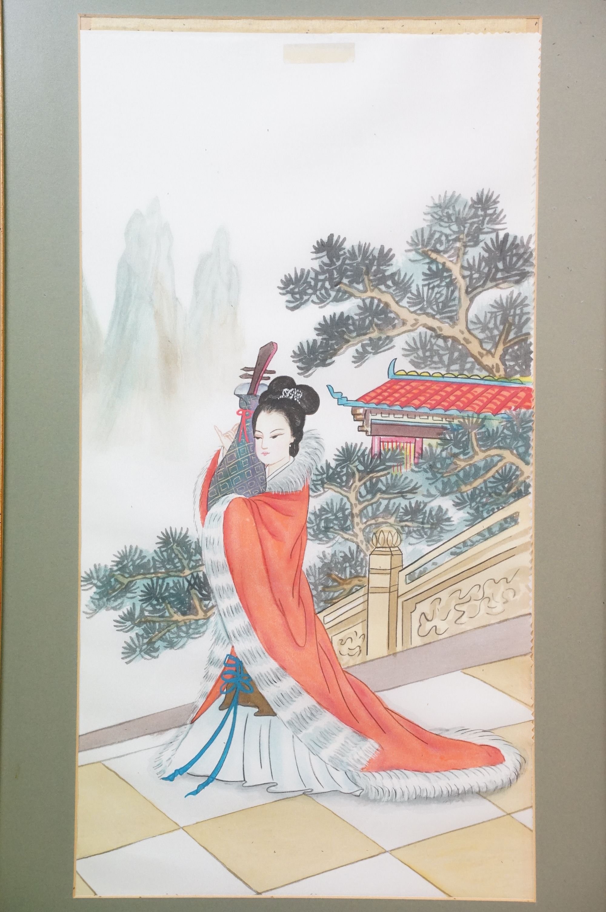 Pair of 20th Century Chinese water colour paintings on silk together with a pair of wood block - Image 9 of 9
