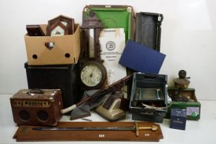 A large group of mixed collectables to include barometer, replica sword, billiards table, clocks,