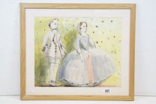 Rosemary Ellis (1910 - 1988), two figures in period costume, watercolour heightened with white,