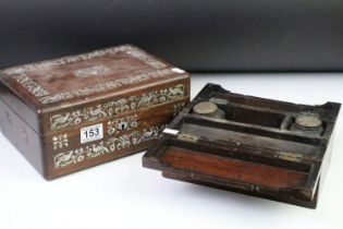 19th Century Victorian mother of pearl inlaid work box with bird detailing, together with a 19th