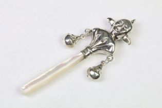 Silver babies rattle with mother of pearl handle