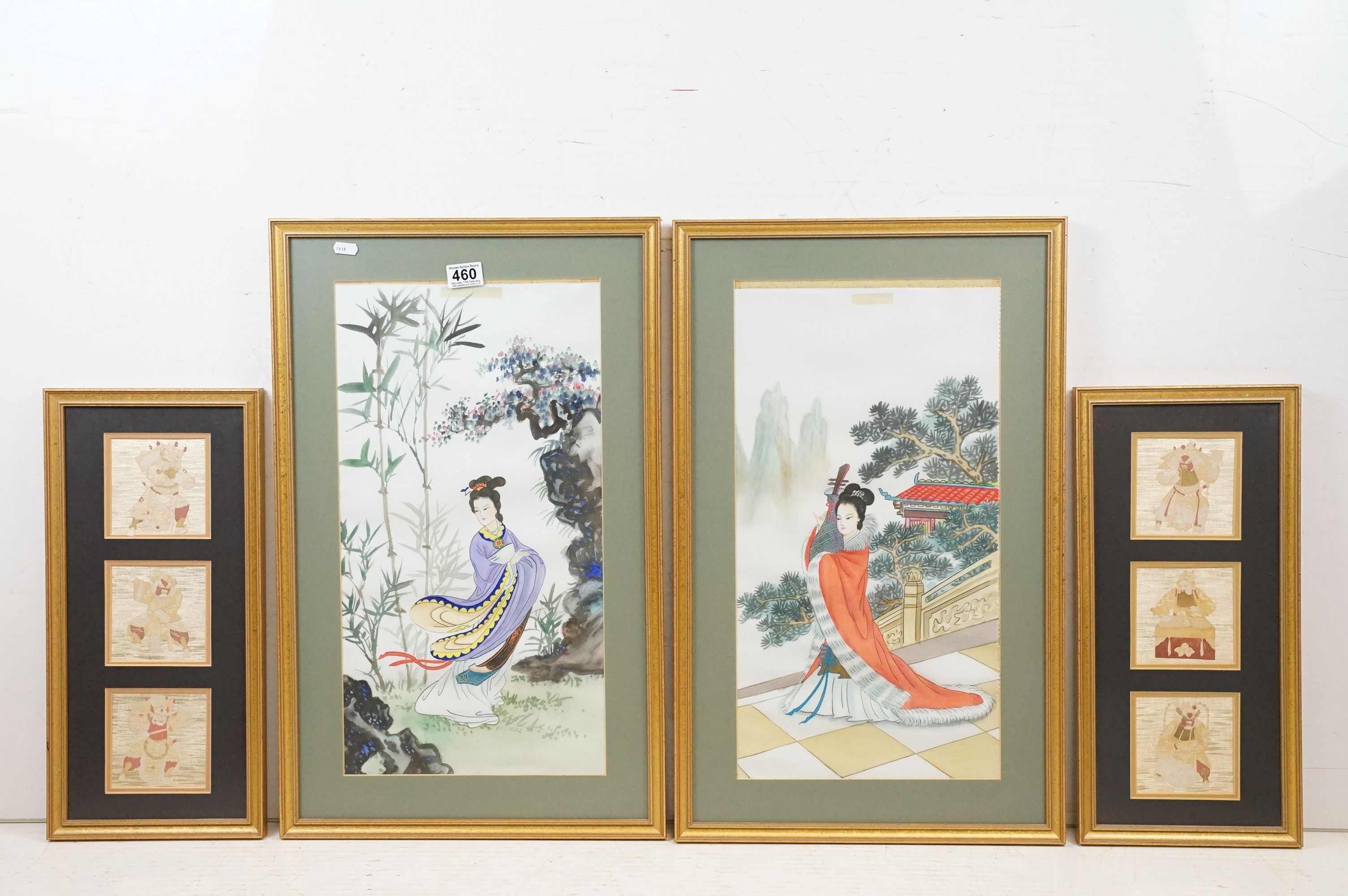 Pair of 20th Century Chinese water colour paintings on silk together with a pair of wood block