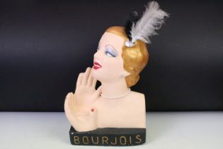 A chalk ware / plaster 'Bourjois' perfume point of sale display in the form of an Art Deco lady