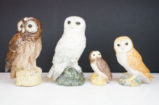 A collection of four ceramic owls to include a Royal Doulton Snowy Owl and Tawny Owl decanter, a