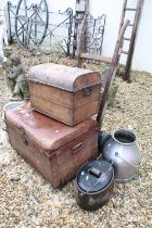 Two metal trunks, together with two churns, a cast iron pot and a Slingsby wooden sack truck