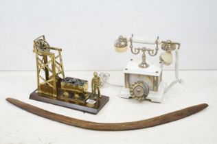 Antique style onyx & metal dial telephone, together with a brass coal mining model (approx 27cm