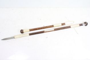 Wooden tribal style spear & club, with rope grips. Spear approx 123cm long