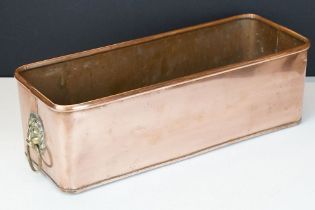 Copper Rectangular Planter with rolled rim and brass lion mask ring handles, 40cm long