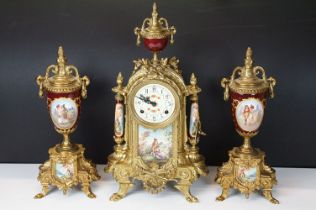 Late 20th Century Franz Hermle Lancini brass clock garniture with ceramic panelling, the clock