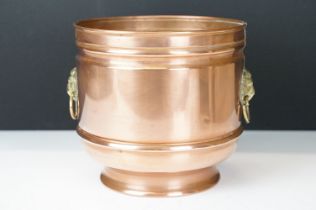 Copper Circular Planter / Jardiniere with brass lion mask ring handles, 16cm high