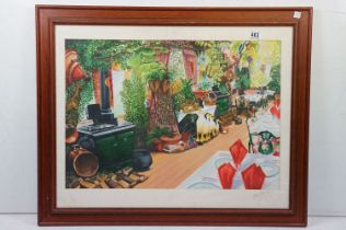 Framed watercolour of an exotic interior by Dee Taylor