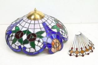Tiffany style leaded glass ceiling shade with brass mounts, together with a similar wall mounting