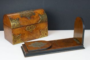 19th Century Victorian walnut dome topped letter box having brass fret work mounts and blue satin