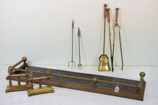 Brass and Copper Three Piece Companion Set, Pair of Brass Andirons, Two Fire Forks and a Brass