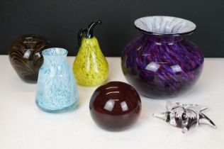 Collection of glassware to include Isle of Wight vase, hand blown paperweights, etc