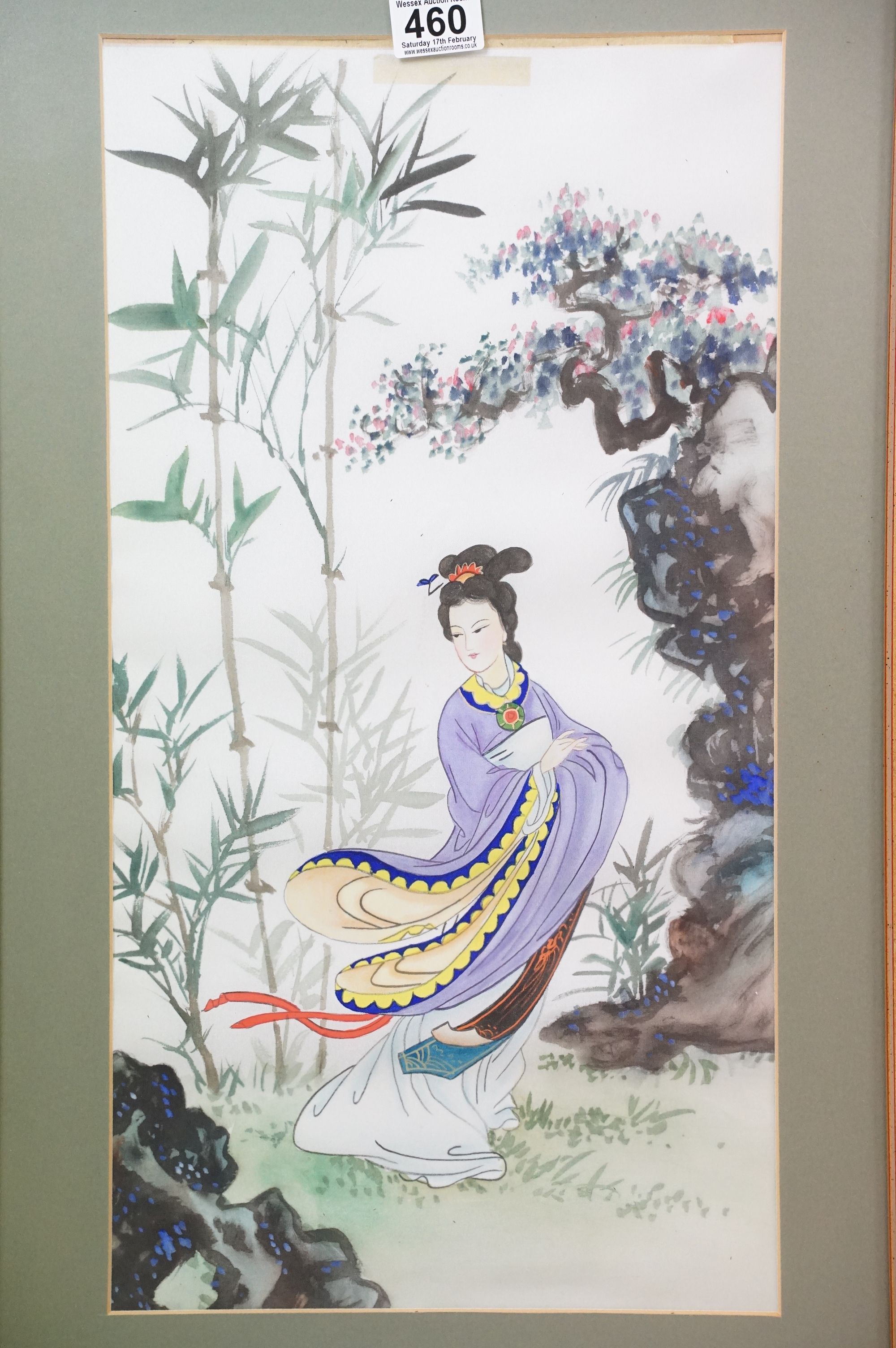 Pair of 20th Century Chinese water colour paintings on silk together with a pair of wood block - Image 8 of 9