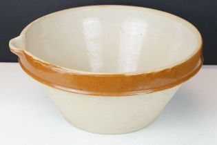 Large French Dairy Bowl with glazed rim and interior plus pouring lip, 38cm diameter