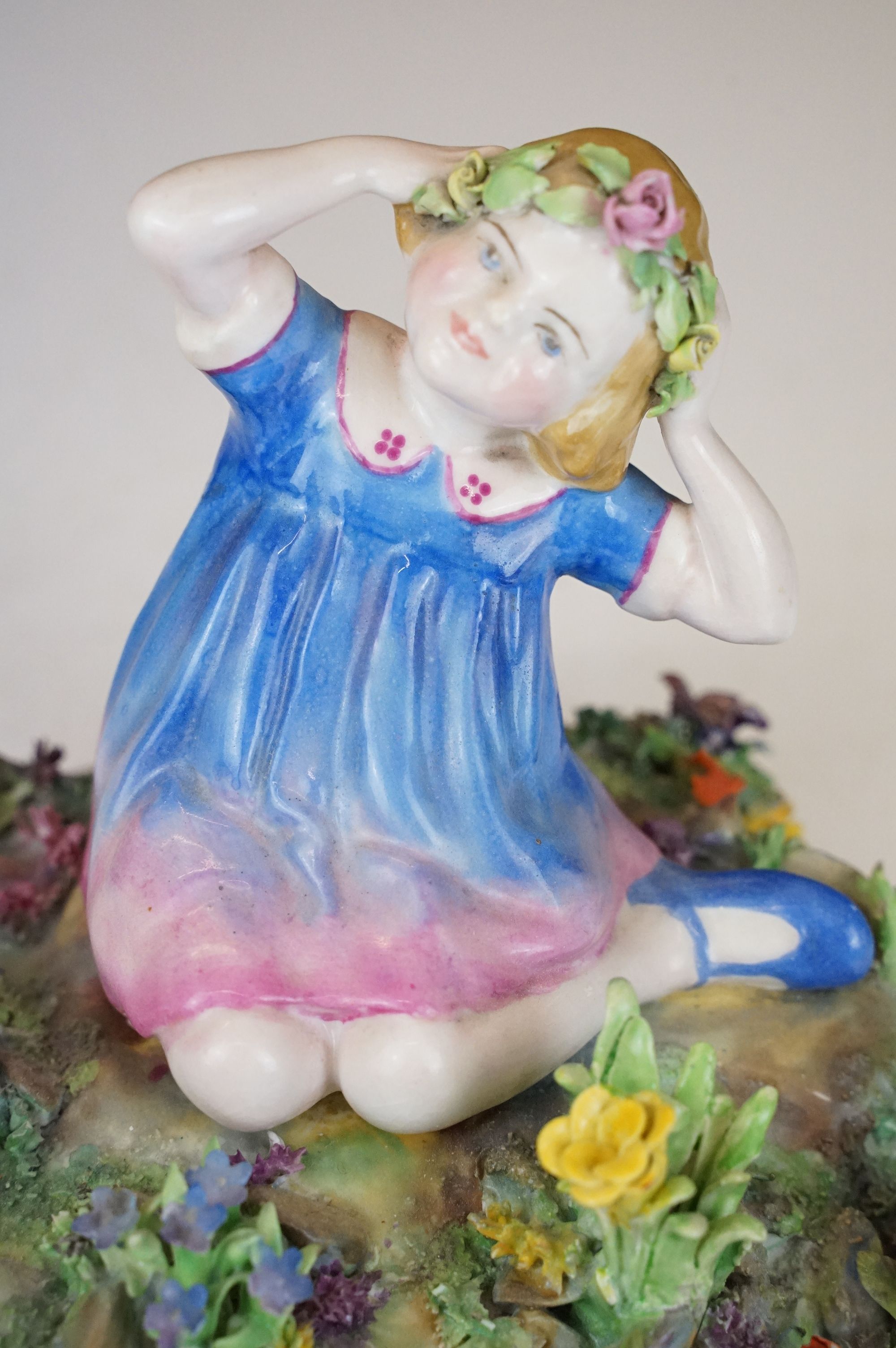 Group of four ceramic figures to include a Crown Staffordshire floral encrusted figure of a girl - Image 5 of 16