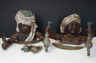 Pair of 19th Century cast metal figural wall sconces in the form of African children, each holding a