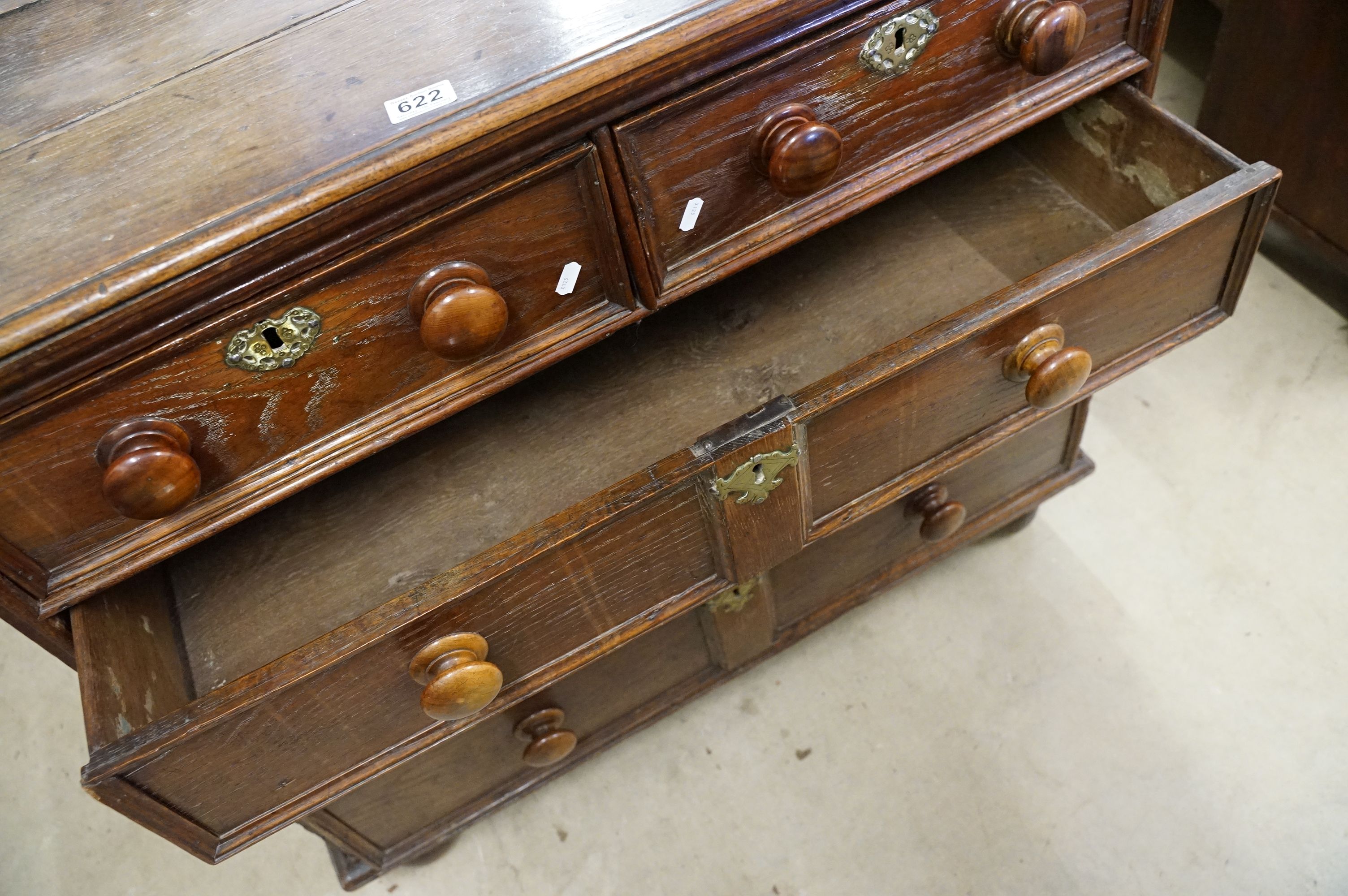 18th century Oak Chest of two short over three long drawers with moulded fronts raised on bun - Image 7 of 8