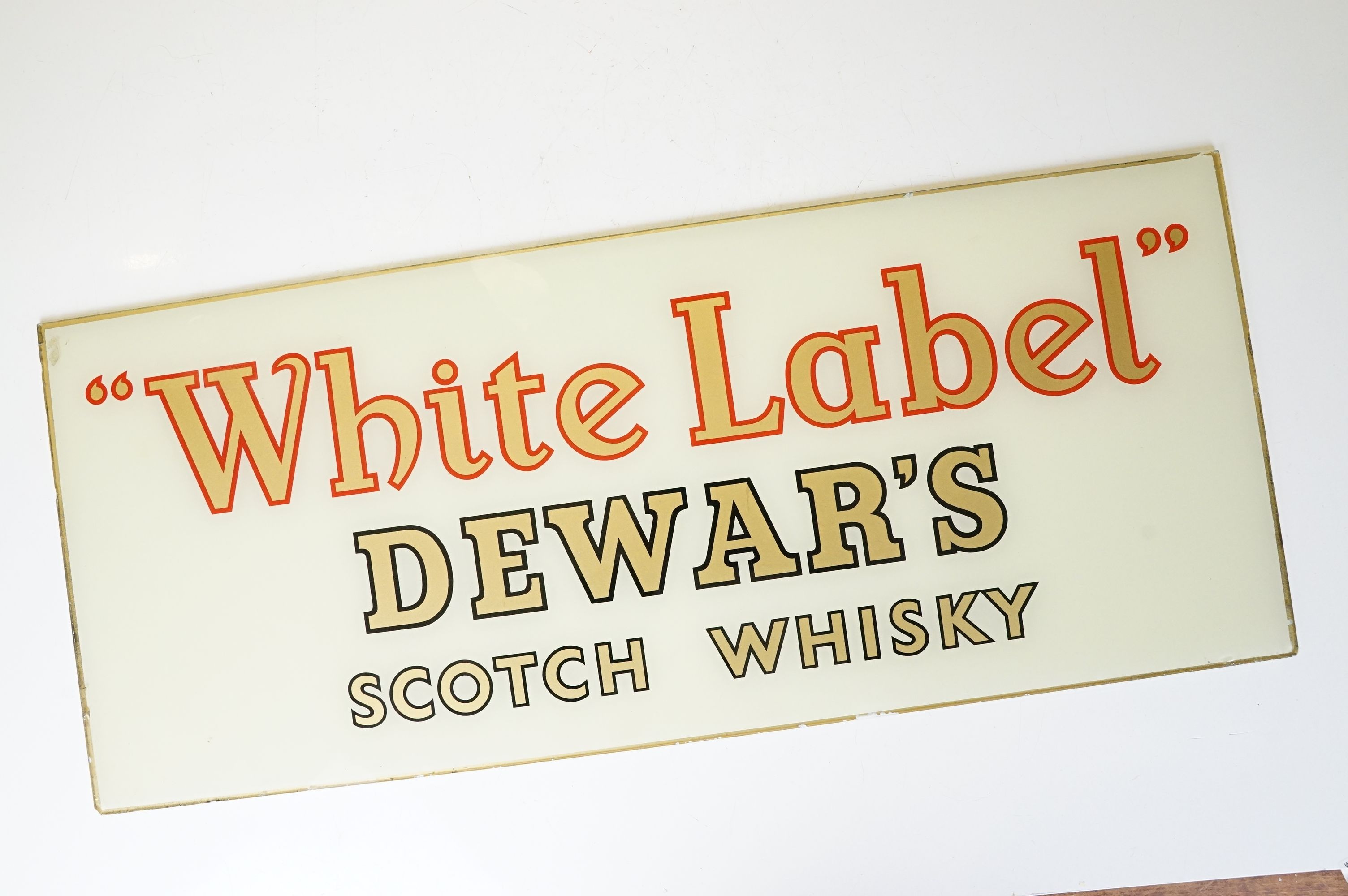 Vintage reverse printed glass "White Label" Dewar's Scotch Whisky sign having gilt lettering on a - Image 2 of 6