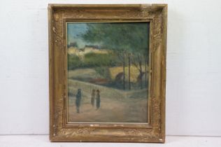 Early 20th century oil on canvas, city view through woods with figures in foreground, 43 x 35cm,