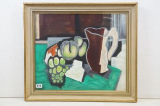 A studio framed still life oil on canvas of fruit and a jug on a table setting, 48 x 57cm, framed