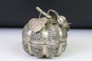 A large Cambodian silver plated pumpkin shaped box of two pice construction, floral Repousse