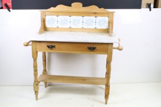 Late 19th / Early 20th century Pine Washstand with tiled back, marble top, two towel rails either