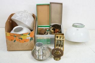 A selection of mid 20th century lamp shades together with a quantity brassware and cutlery.