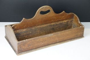 Antique Oak Two Section Cutlery Tray with shaped handle, 44cm long