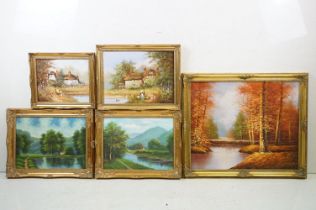 Les Parson - Group of five oil on canvas paintings to include landscape and cottage scenes all set