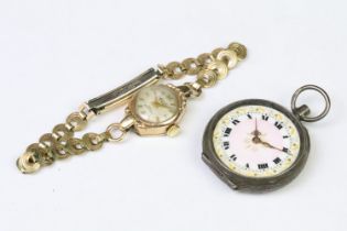 A ladies 9ct gold cased cocktail watch together with a silver cased fob watch with enamel dial