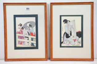 Kitagawa Utamaro - A pair of framed Japanese woodblock prints including Geishas on a bridge and a