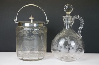 19th century glass biscuit barrel with silver plated lid, swing handle & etched fern decoration (