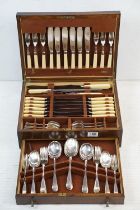 Late 19th / early 20th C silver plated six-setting canteen of cutlery, housed within an oak box