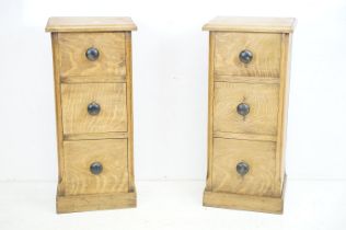 Pair of light oak bedside chest of three drawers, 31cm wide x 27cm deep x 68cm high
