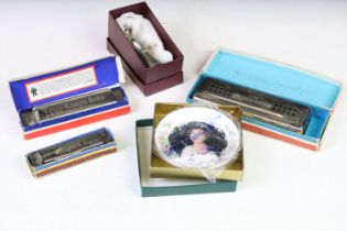 A group of mixed collectables to include three boxed harmonicas and a royal Staffordshire