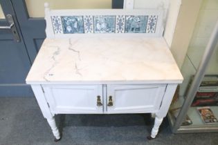 Late 19th / Early 20th century White Painted Washstand with tiled backsplash and marble top, two pot