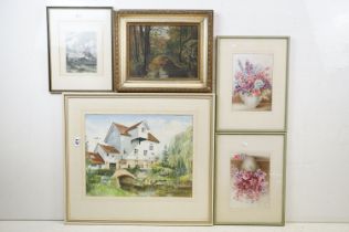 Five 20th Century framed and glazed pictures to include; unsigned oil on board landscape scene, hand